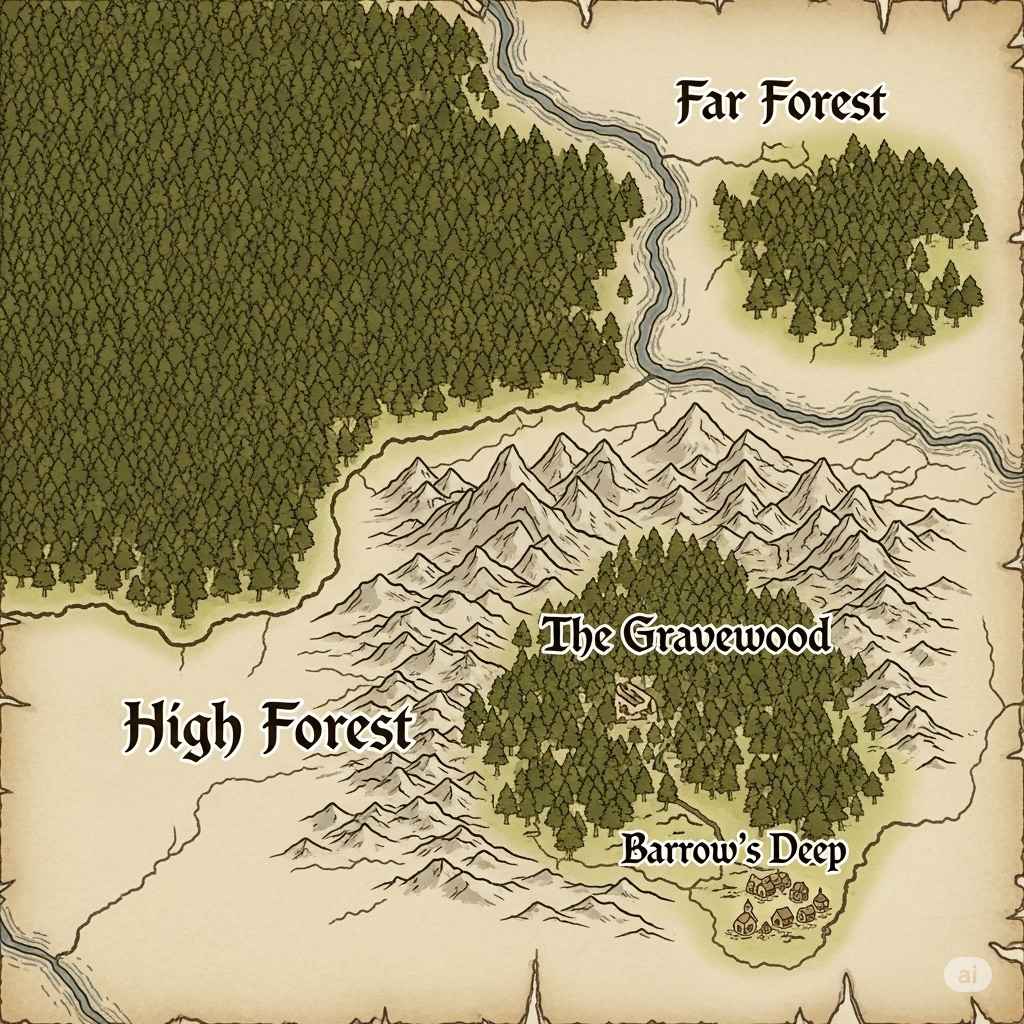 An illustrated fantasy map of the Barrow's Deep campaign setting showing forests, mountains, and the town of Barrow's Deep.